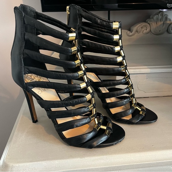 Vince Camuto Strappy Black and Gold Heels - Picture 4 of 9